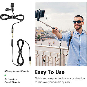 FIFINE C1 LAVALIER MICROPHONE WITH EXTENSION CABLE & Y-SPLITTER FOR SMARTPHONE, CAMERA AND PC