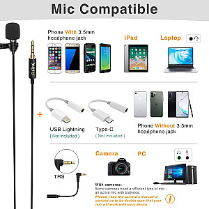 FIFINE C1 LAVALIER MICROPHONE WITH EXTENSION CABLE & Y-SPLITTER FOR SMARTPHONE, CAMERA AND PC